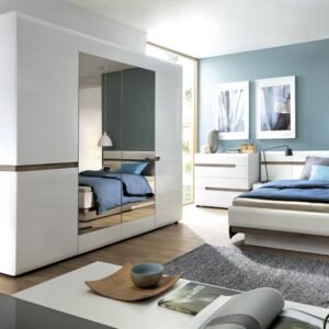 Bliss Bedroom 4 Door Wardrobe with Mirrors in White with a Truffle Oak Trim  Wardrobe Home Store UK